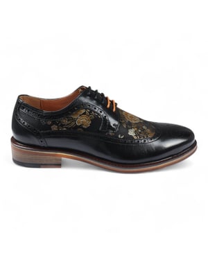 Justin Reess Men's Black Leather Floral Print Brogue Dress Shoes - Ross