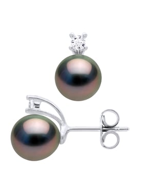 Oorbellen van Zilver 925 & Cubic Zirconia versierd met 2 Echte Gecultiveerde Tahiti Parel 8-9 mm