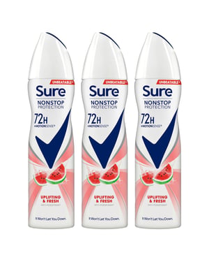 Sure Women Antiperspirant 72H Nonstop Protection Deo Uplifting&Fresh 150ml, 3pk