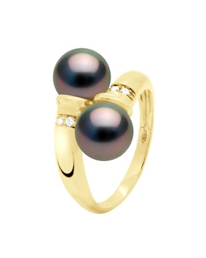 Ring Jij & Ik Diamanten 0,06 Ct 2 Echte Gecultiveerde Tahiti Parel Ronde 8-9 mm - Geel Goud