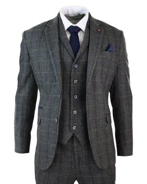 Heren 3-delig houtskoolgrijs geruit tweed visgraat vintage klassiek pak