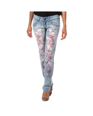 Long ripped effect denim pants with skinny hems F054176 woman