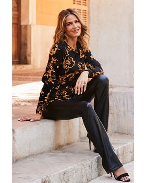Black & Gold Baroque Print Balloon Sleeve Tunic Top