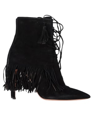 Aquazzura Mustang 105 Fringe Heeled Ankle Boots in Black Suede