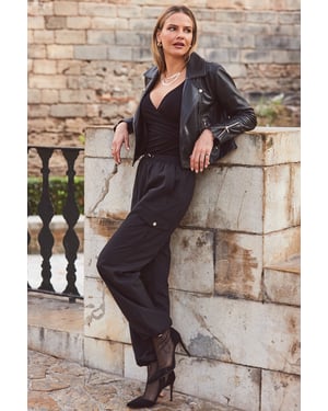Black Parachute Pants With Drawcord Detail