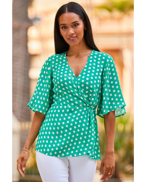Green & White Spot Print Wrap Front Top