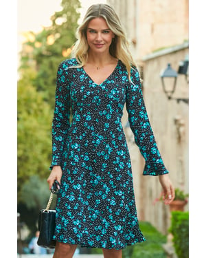 Black & Blue Floral Print Ruffle Hem Dress