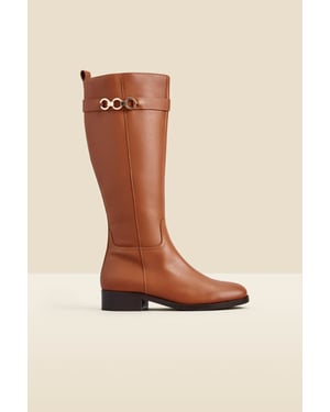 Tan Leather Flat Knee High Boot With Metal Trim