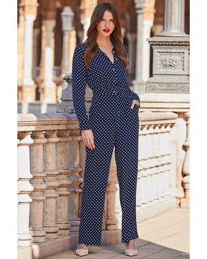 Navy Blue Spot Print Straight Leg Jumpsuit