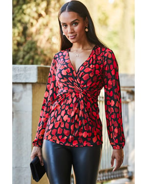 Red Fleck Print Wrap Front Blouson Sleeve Top