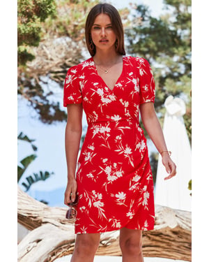 Red Floral Print Button Detail Faux Wrap Dress