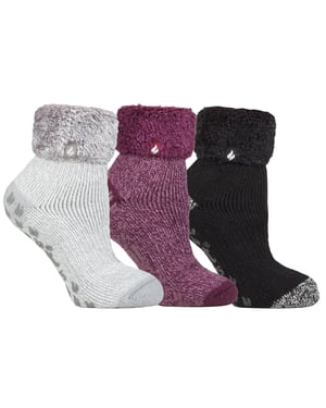 Womens Fluffy Slipper Bed Socks with Grips | Heat Holders | 3 Pair Multipack | Ladies Warm Fleece Lined Non Slip Socks | Winter Gifts for Her - Pack 7