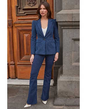 Navy Blue Pinstripe Denim Blazer