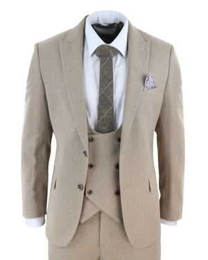 Heren tweed 3-delig beige formeel trouwpak