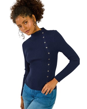High Neck Button Detail Rib Jumper