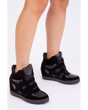 Where's That From Womens Hitop Wedge Trainers With A Front Lace Up And Velcro - Black