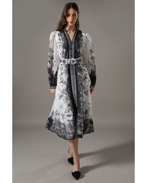 Boarder Printed Organza Shirt Dress