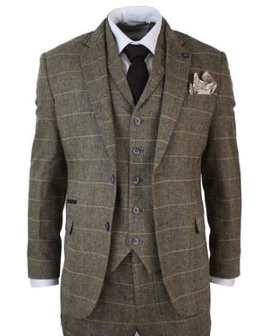Heren 3-delig bruinbruin geruit tweed visgraat vintage klassiek pak