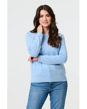 Light Blue Floral Gemstone Embellished Jumper