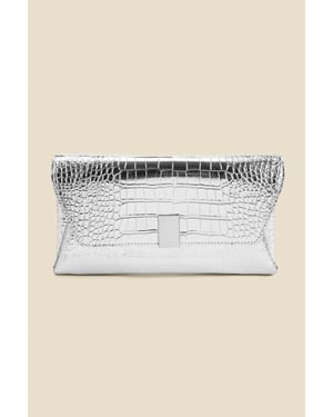 Silver Metallic Croc Clutch Bag With Clasp