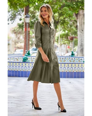 Khaki Green Faux Leather Popper Front Shirt Dress