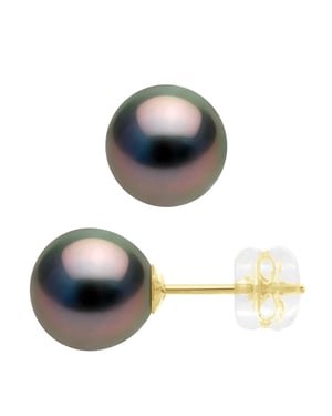 Earrings - Yellow Gold 375 - Real Cultured Tahiti Pearls Round 8-9 mm
