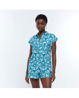 River Island Womens Playsuit Blue Aztec Short Sleeve
