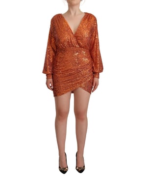Aniye By Vrouwen Oranje Pailletten Lange Mouwen Mini Sheath Wrap Dress