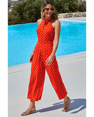 Coral Spot Print Halter Neck Jumpsuit