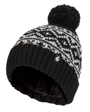 Dames Patroon Omgeslagen Bobble Muts | Heat Holders | Chunky Kabelbrei met Heatweaver Fleece Voering | Billingen Stijl - Zwart