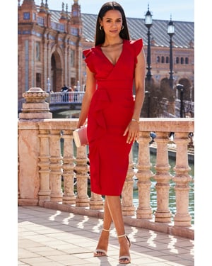 Red Premium Ruffle Detail Midi Jersey Dress