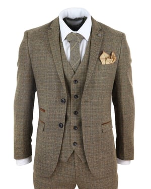 Mens 3 Piece Brown Tweed Check Vintage Retro Suit