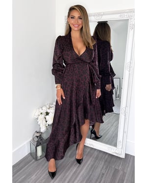 Plum Animal Print Long Sleeve Wrap Over Frill Hem Midi Dress