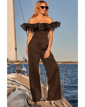 Black Organza Ruffle Wide Leg Bardot Jumpsuit