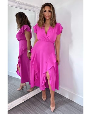 Cerise Frill Detail Double Split Skirt Midi Dress