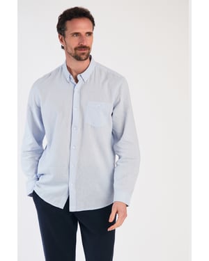 Blue Linen Blend Long Sleeve Button-Up Shirt With Chest Pocket