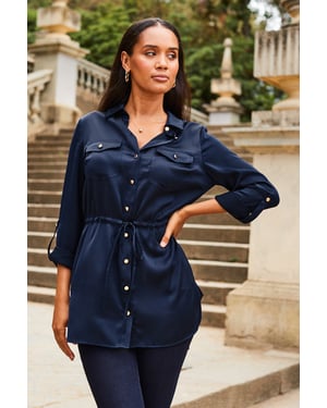 Navy Blue Satin Utility Tie Waist Shirt