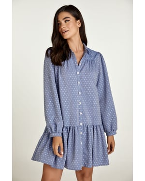Denim Stil Broderad Klänning med Knappar