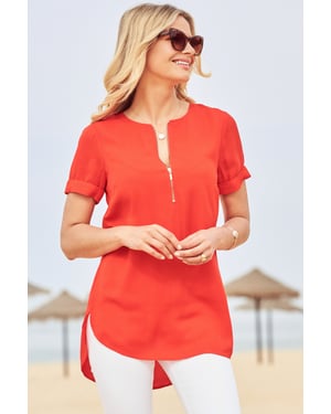 Red Zip Front Short Sleeve Tunic Top