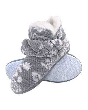 Dunlop - Dames Gebreide Warme Fleece Pluche Slippers Boots/Bootees in Grijs Fairisle en Roze Koord Stijlen