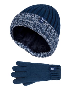 Heat Holders - Children Boys Winter Warm Fleece Lined Insulated Knit Turn Over Cuff Ribbed Hat and Gloves Set - NS1P9710