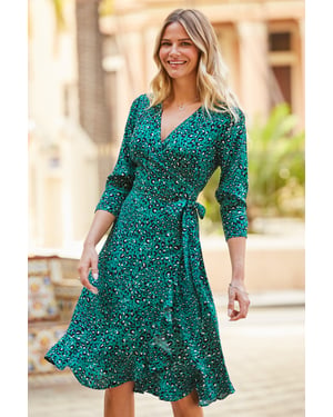 Green Leopard Print Ruffle Hem Wrap Dress