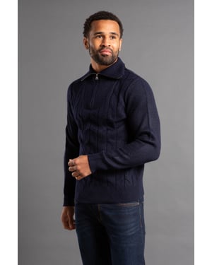 Dark Navy Cable Knit Jumper With 1/4 Zip Collar