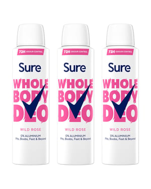 Sure Women Wild Rose Whole Body Deodorant Spray Aluminium Free 150ml, 3 Pack