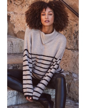 Taupe & Black Stripe Zip Neck Jumper
