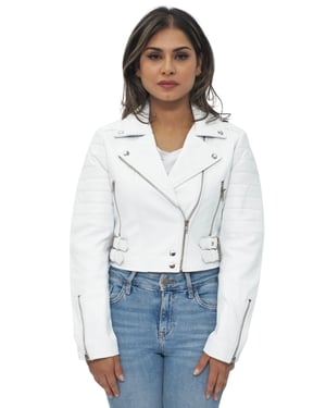 Womens Cropped Brando Leather Biker Jacket-Damascus