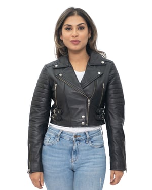 Womens Cropped Brando Leather Biker Jacket-Damascus