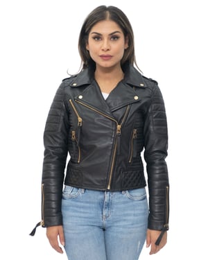 Quiltad Vintage Brando Bikerjacka i läder för damer-Lusaka