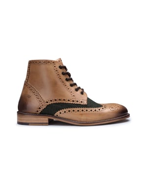 Mens Classic Oxford Tan Leather Gatsby Brogue Ankle Boots with Green Tweed