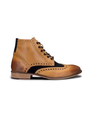 Mens Classic Oxford Tan Leather Gatsby Brogue Ankle Boots with Navy Suede